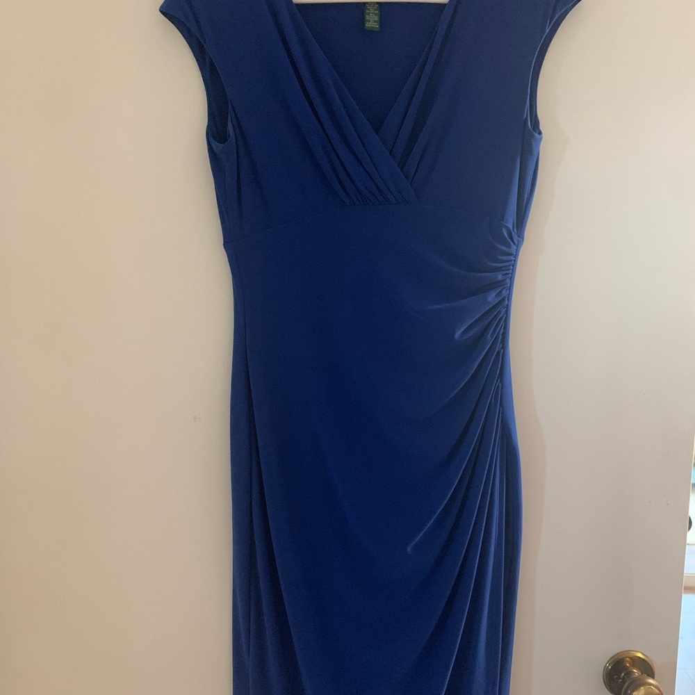 Ralph Lauren Blue Asymmetrical Ruched Midi Dress
